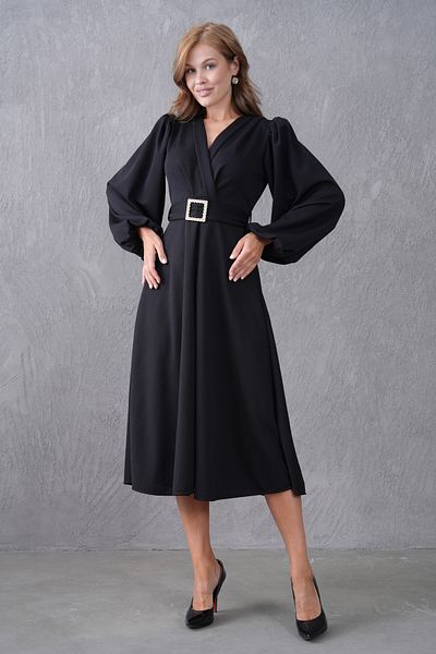 bayansepeti Women's Crepe Fabric Double Breasted Collar Balloon Sleeve Design Black Midi Dress with Stone Belt and Cotton Detail 77132