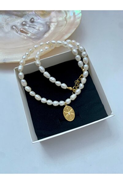 JOVİ ATELİER Sertifikalı Gerçek Doğal Beyaz Orta Boy Arpa Inci Kadın Kolye Çe...