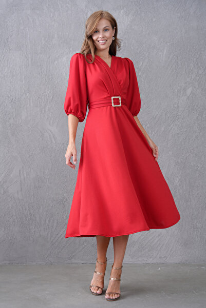 bayansepeti Women's Stretchy Crepe Fabric Short Balloon Sleeve V Neck Belted Midi Length Flared Cut Red Dress 3602