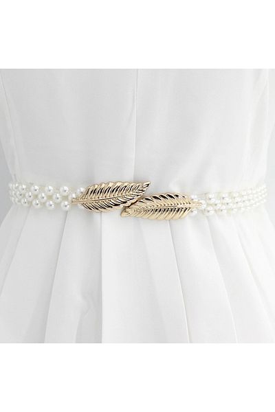 NO BRAND Curea de talie din perle cu accesoriu catarama frunza, alb, auriu, one size
