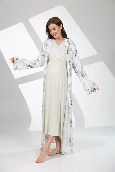 Reyhanlar Kadın Penye Desenli Lohusa & Hamile Sabahlıklı Kısa Kollu Gecelik İ...