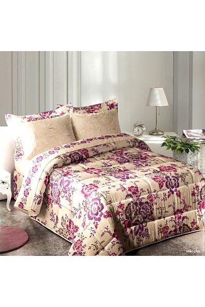 Pierre Cardin Loira Luxury Beige Duvet Set with Purple Flowers Single 6 Piece Set