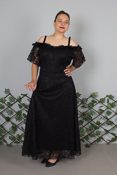 Truva XXL Plus Size Shoulder Detail Strap Lace Black Dress – Elegant and Stylish Design