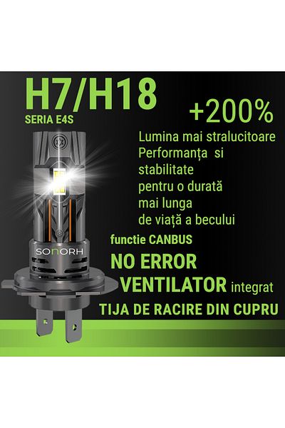 SONORH Set of 2 LED Bulbs H7, 100W, 6500K, 16000LM, Canbus Plug&Play, Copper Cooling Fan and Rod