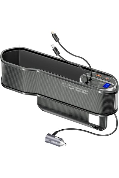 Promate 6-in-1 Car Organizer & 65W Charging Station with Retractable Lightning and USB-C Cables