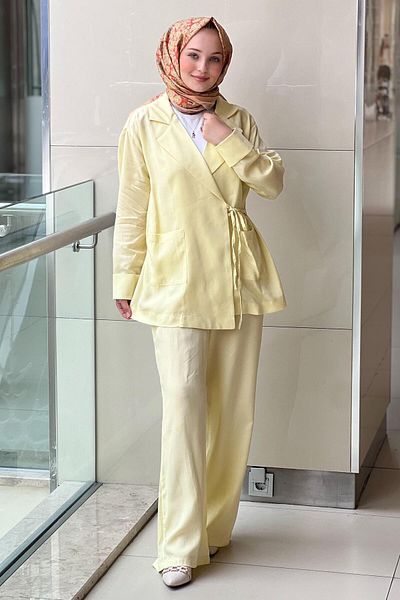Mahal Casual Double Breasted Lapel Waist Tied Pocket Jacket Pants Set