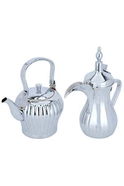 Alsaif Gallery Set of Tuwaiq Steel Pot and Coffee Kettle, Alsaif Gallery, 2/1.4 liters, 2 pieces - Silver