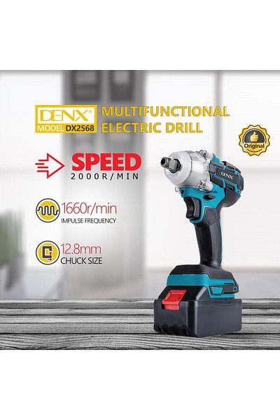 Denx دريل كفرات لاسلكي بسرعة 2000r/min مزود ببطاريتين وشنطة ملحقات متكاملة