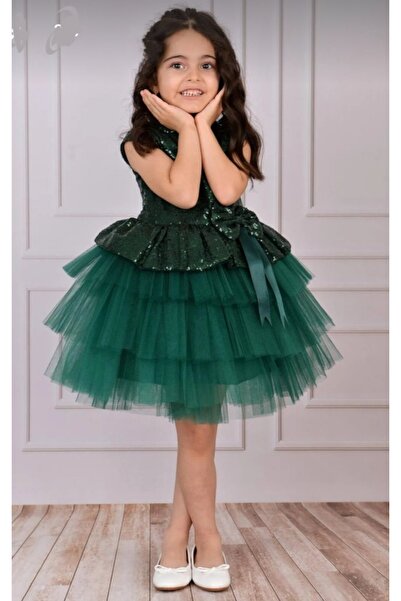 BEGONYA BEBECE KIDS Bebece Kids Green Tulle Sequins Sequined Girl Children Special Occasion Celebration Party Evening Dress