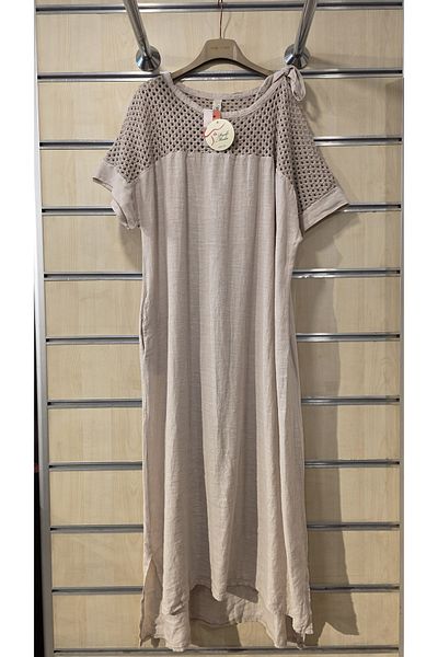 Park Moda Italian Linen Dress with Tie Shoulder and Mesh Detail