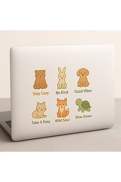 arduçlazer Cute Animal Sticker Set – Pack of 6 Transparent Stickers – Stay Cozy, Be Kind, Good Vibes, Wild Soul