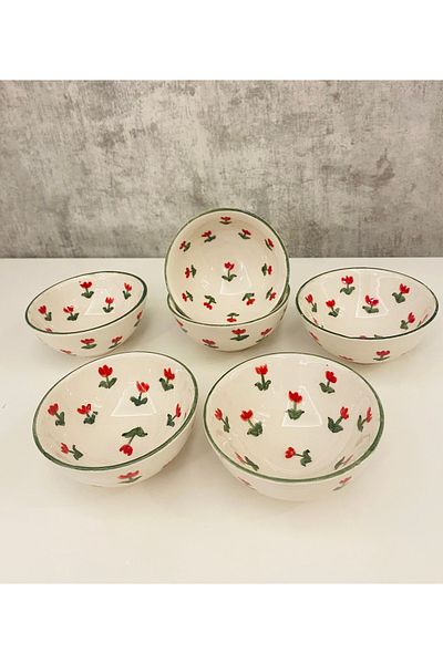 arı çini seramik 6 Pieces Special Handmade Flower Patterned Ceramic Snack Bowl Sauce Bowl Jam Bowl Breakfast Bowl Presentation Bowl