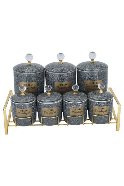 Alsaif Gallery Porcelain Spice Jar Set Alsaif Gallery with Stand, 7 Pieces - Dark Gray