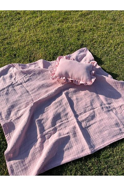 azizden 100% Organic Cotton 4 Layer Muslin Blanket and Ruffle Pillow 100X100