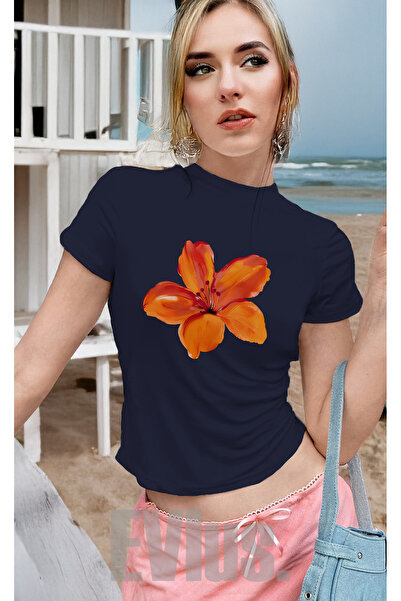 EVIus Γυναικείο πορτοκαλί φλοράλ εμπριμέ Lycra κοντομάνικο μπλουζάκι μπλουζάκ...