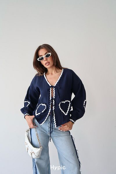 Lusin Cămașă bluză din muselină premium, 100% bumbac, cu mâneci lungi, albastru bleumarin