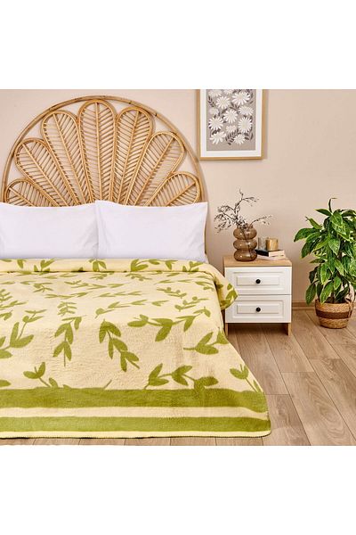 MATMEL Soft Folio Cotton Double Blanket - Ecru / Green - 200X220 cm