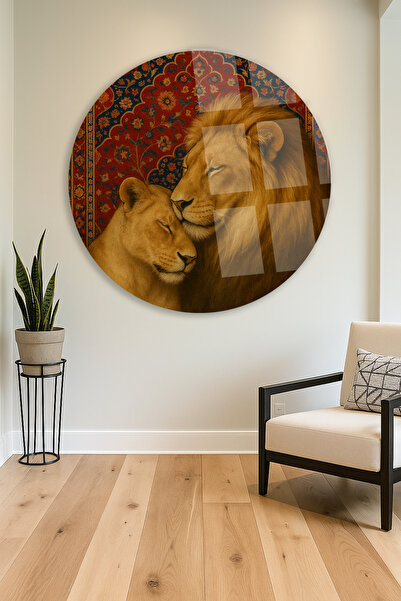 TAULART İRAN HALISI DETAYLI ASLAN AİLESİ MODERN KIRILMAZ LÜKS CAM TABLO EV HEDİYESİ LÜKS TABLO