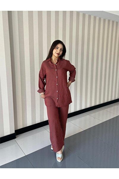 ELSEBUTİKTR Women's Burgundy Striped Top and Bottom Set