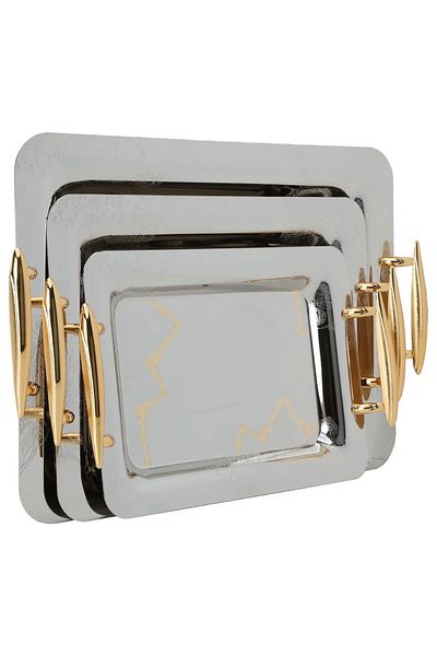 Alsaif Gallery Golden Handle Stainless Steel Serving Tray Set, Alsaif Gallery, 3 Pieces, Rectangular, Decorated Pat