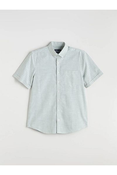 LC Waikiki Ανδρικό πουκάμισο LCWAIKIKI Classic Green Regular Fit με κοντό μανίκι ριγέ λινό ανδρικό πουκάμισο