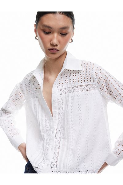 Koton New Season Long Sleeve Classic Collar Cotton Scalloped Embroidered Shirt