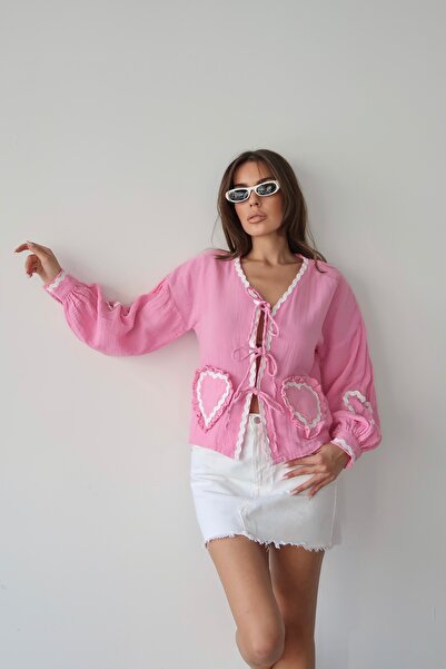 Lusin Women's Pink Long Sleeve Tie Detail 100% Cotton Premium Muslin Blouse Shirt