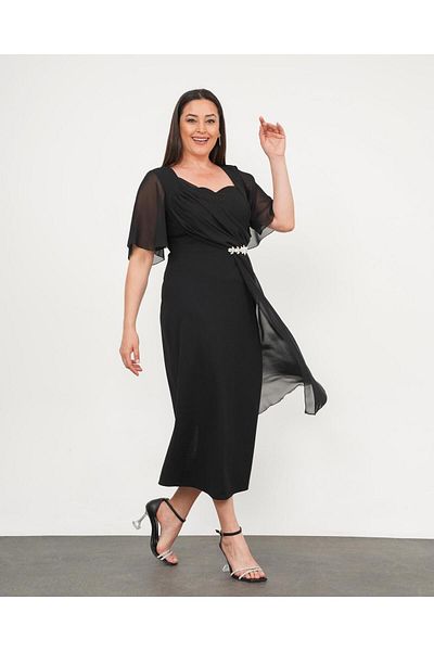 Şirin Butik Rochie de seară neagră de damă, mărime mare, din șifon și cu detalii de piatră