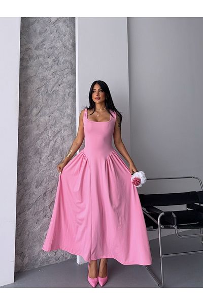 Ekim Store Rochie roz cu fustă balon cu bretele groase