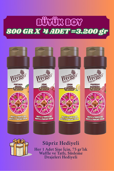 PEREGGO CHOCOLATE 4'Lü Set Waffle, Pankek, Krep, Kruvasan, Fondü Sos (Portakal, Vişne, Limon, Frambuaz Aromalı)