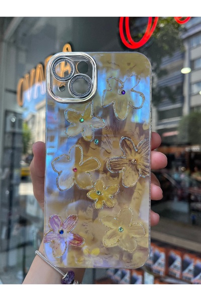 OVADA İPhone 15 PLUS Uyumlu Simli Kamera Korumalı Çiçek Desenli Taşlı Hologra...