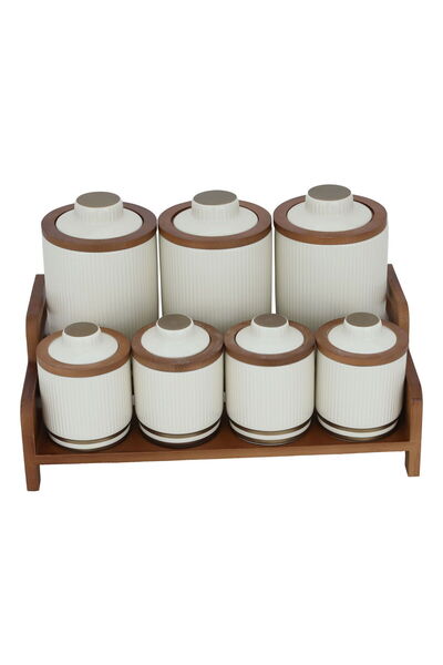 Alsaif Gallery Porcelain Spice Container Set, 7 Pieces, Wooden Stand - Beige