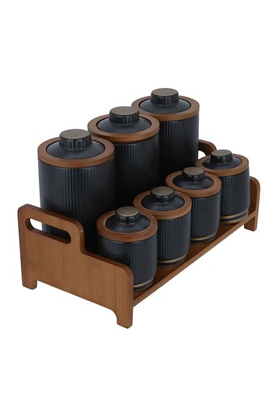 Alsaif Gallery Porcelain Set, 8 Pieces with Wooden Stand - Black