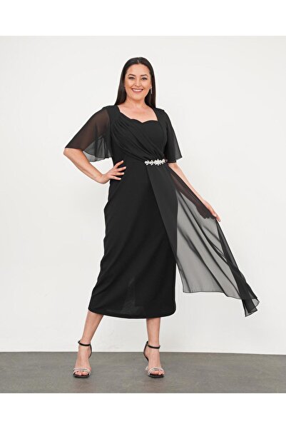 Şirin Butik Γυναικείο βραδινό φόρεμα σιφόν μαύρο μεγάλου μεγέθους με λεπτομέρεια από πέτρα