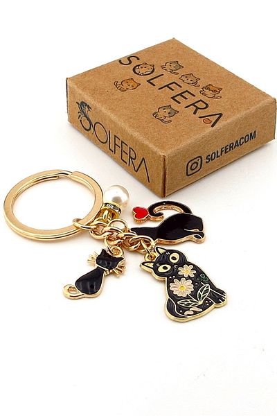 Solfera Black Cats Heart & Pearl Ball Dangle Metal Keychain Bag Ornament Charm Kc388