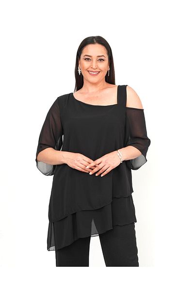 Şirin Butik Women's Black Plus Size Chiffon and Shoulder Strap Detailed Evening Dress Double Set