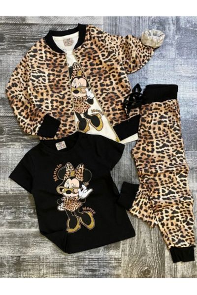 LİLLYPİCCA Girl's Leopard Patterned 3-Piece Set - Cardigan - T-Shirt - Pants - Size Chart Available in Pictures