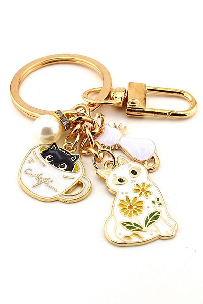 Solfera White Cats Flower and Pearl Ball Dangle Metal Keychain Bag Ornament Charm Kc390