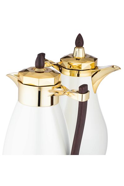 Dania Set of High Quality Metal Thermoses for Tea and Coffee in White with Elegant Golden Finish, Heat Ret
