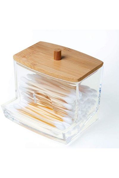 OEM Cutie depozitare pentru betisoare de ureche, din plastic cu capac din lemn bambus, 9 x 7.5 cm