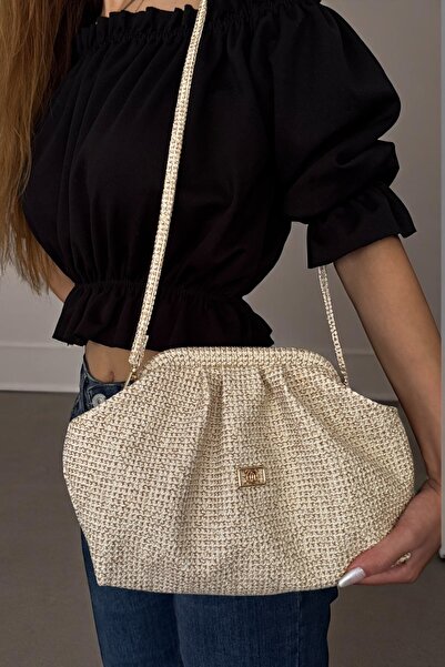 Classbag Női krémszínű szalma megjelenésű kuplungtáska kéz- és vállpánttal