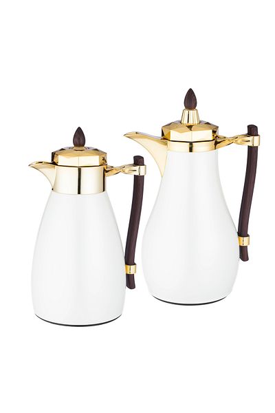 Dania Set of High Quality Metal Thermoses for Tea and Coffee in White with Elegant Golden Finish, Heat Ret