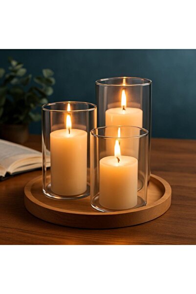 Genel Markalar 3'lü Silindir Cam Vazo ve Mumluk Seti, Modern ve Şeffaf Dekora...
