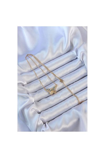 Skygo 316L Steel Chain Gold Color Zircon Stone Butterfly Necklace with Evil Eye - Tj-Bko9101