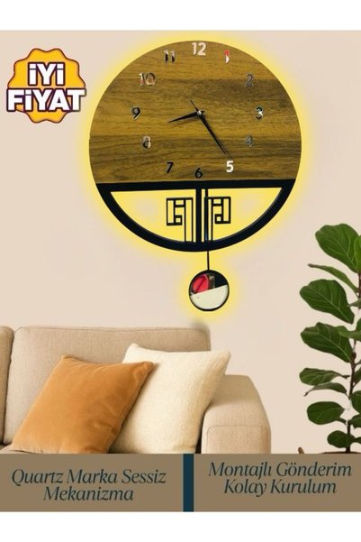 Nixar Desing Sessiz Sarkaçlı Ahşap Duvar Saati, Montajlı Gönderim,Sessiz Mekanizma,42x52,Duvar Saati, Wall Clock