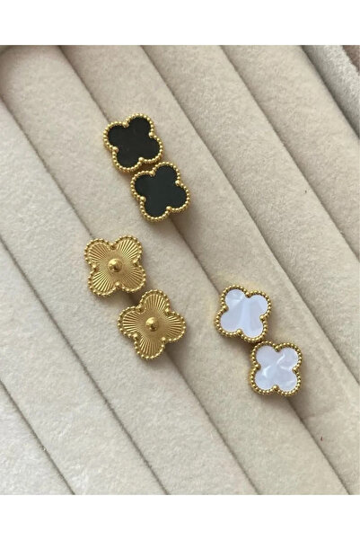 ANGELSS JEWELLERY Üçlü Yonca Küpe Seti  f (YONCA MODEL GOLD SİYAH BEYAZ RENK ...