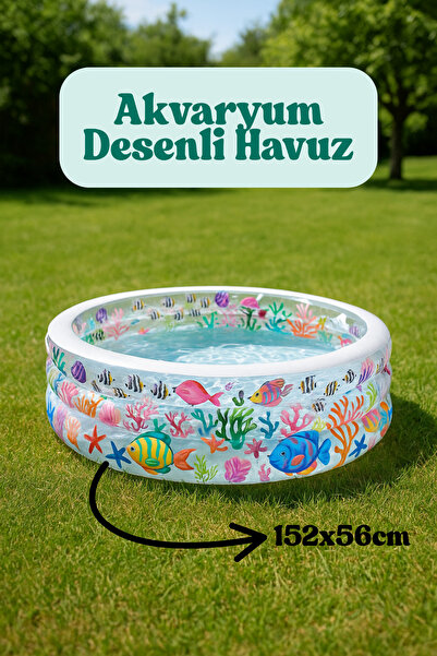 welcomein Akvaryum Desenli Çocuk Şişme Havuz 152x56 cm Bahçe ve Balkon İçin Su Oyun Havuzu