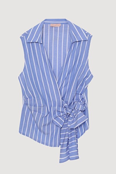 Quzu önü bağlama detaylı çizgili bluz (mavi)