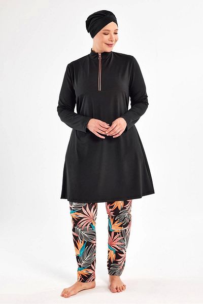 buHillco Maresiva Isley Black Patterned Battal Long Sleeve Women's Hijab Swimsuit