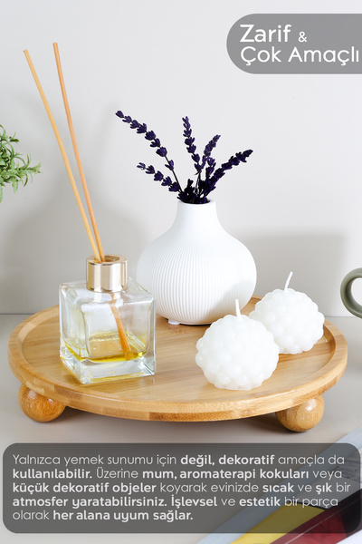 Home Yuvarlak Bambu Sunum Tabağı - Ayaklı Sunumluk Kek Kurabiye Pasta Servis Sunum Standı 27 cm